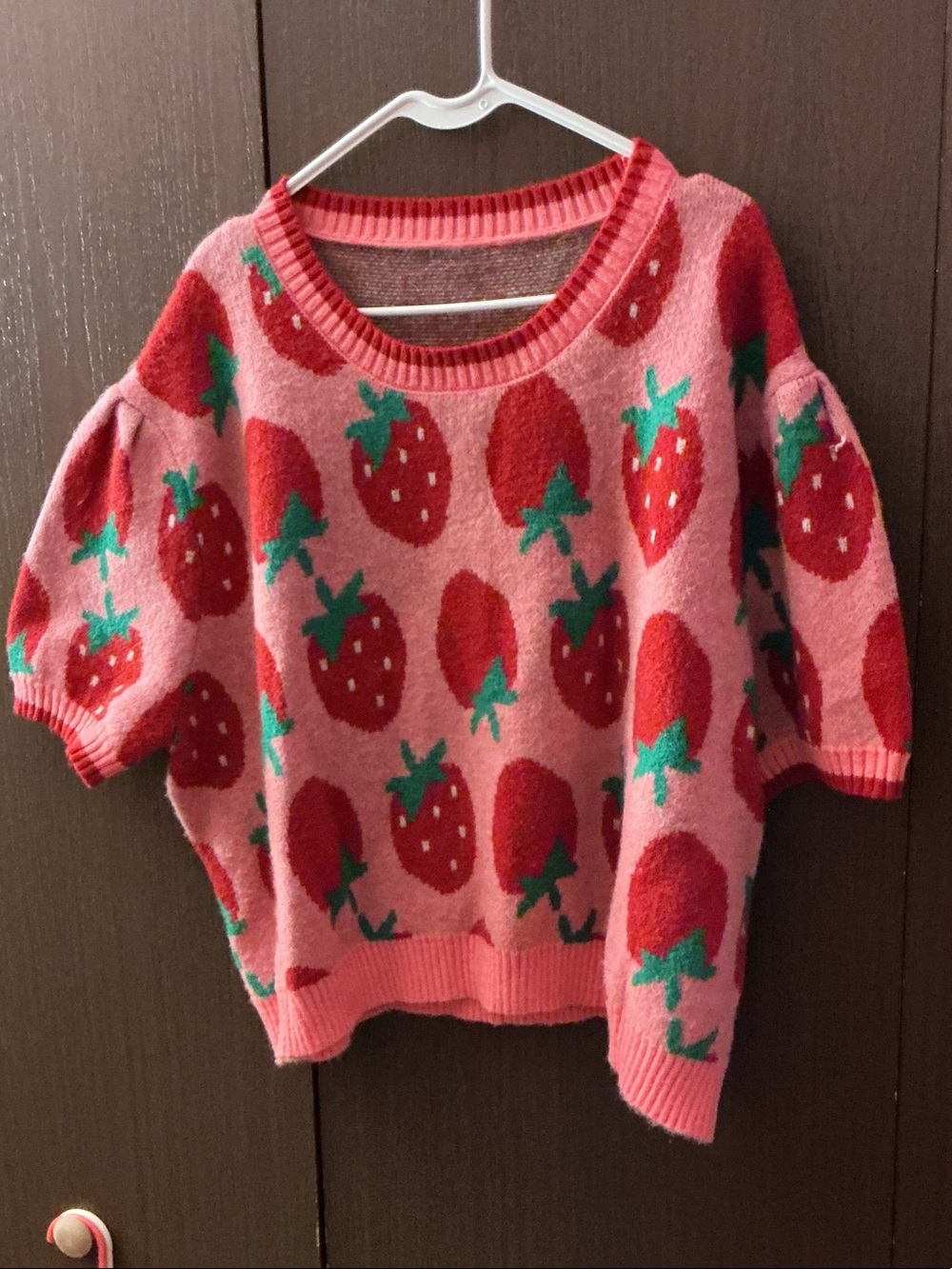 Cider Pink Pullover Sweater with Red Strawberry Motif